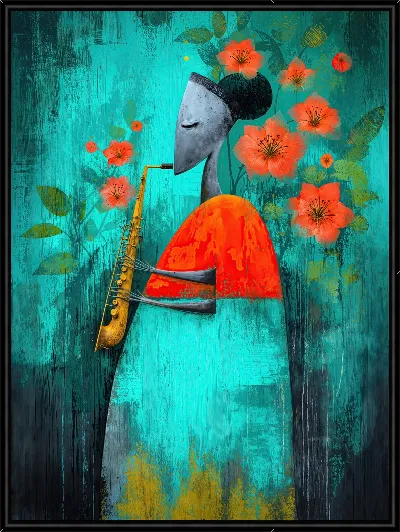 Картина Женщина в платье играет на саксофоне