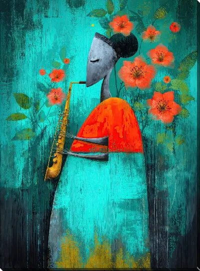 Картина маслом Женщина в платье играет на саксофоне