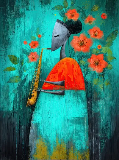 Плакат Женщина в платье играет на саксофоне