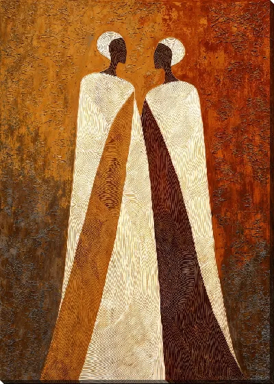 Картина маслом Две фигуры в белых одеждах на оранжевом фоне