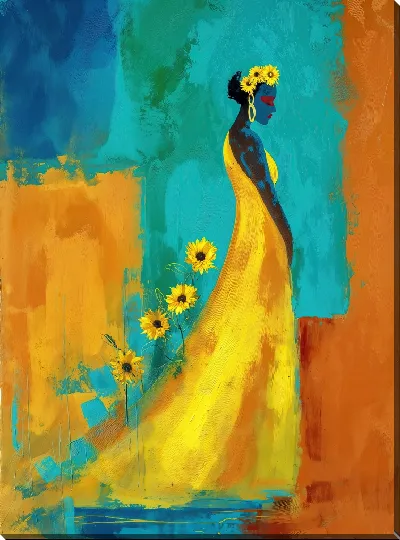 Картина маслом Женщина в жёлтом платье с подсолнухами на бирюзово-оранжевом фоне
