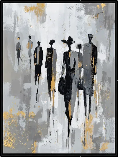 Картина Чёрно-серые силуэты идущих людей с золотыми акцентами