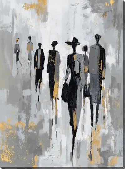 Картина маслом Чёрно-серые силуэты идущих людей с золотыми акцентами