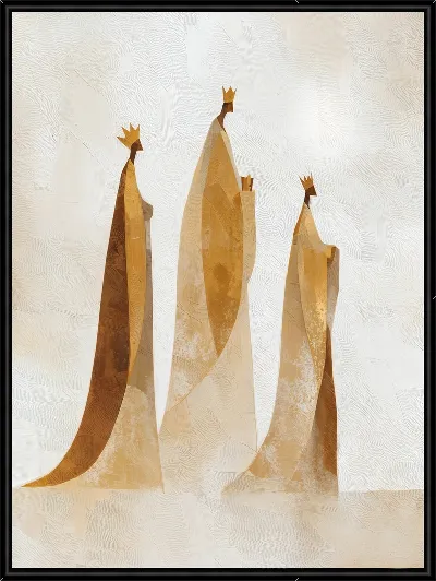 Картина Три золотые фигуры в коронах на кремово-бежевом фоне