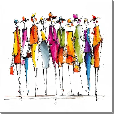 Картина маслом Яркие модницы в разноцветных платьях и шляпках на белом фоне