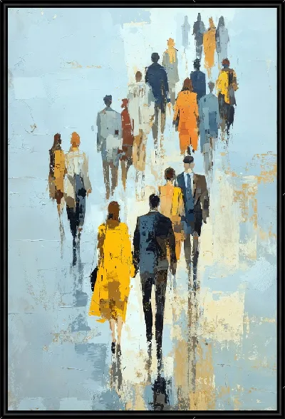 Картина Толпа людей в желтых и синих тонах идет вдаль