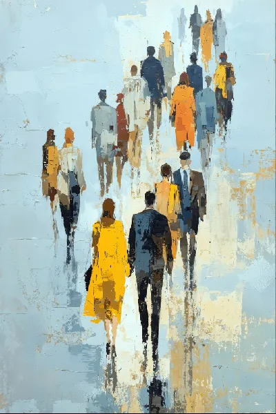 Плакат Толпа людей в желтых и синих тонах идет вдаль