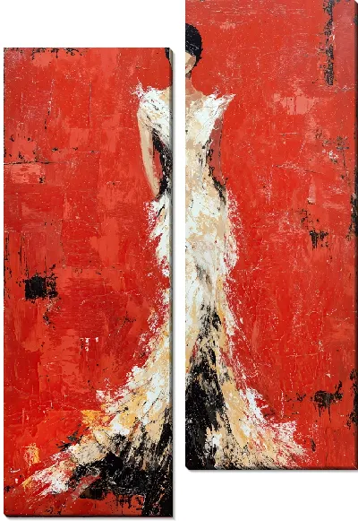 Модульная картина Элегантная женщина в белом платье на красном текстурированном фоне