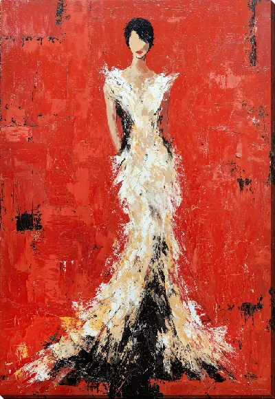 Картина маслом Элегантная женщина в белом платье на красном текстурированном фоне