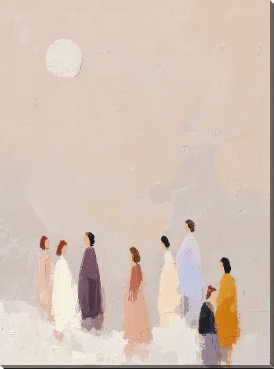 Картина маслом Группа людей в пастельных тонах смотрит на белую луну