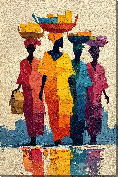 Картина маслом Четыре женщины с корзинами на головах, яркие краски