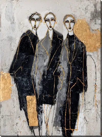 Картина маслом Три женщины в черных пальто с золотым контуром