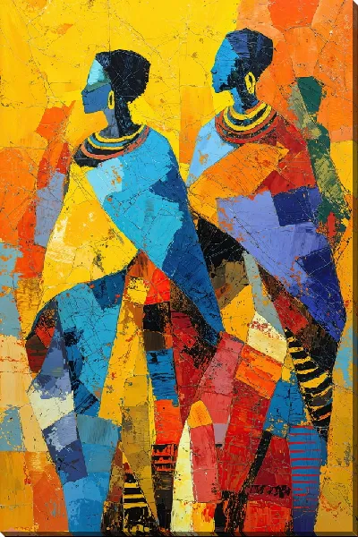 Картина маслом Две женщины в профиль в ярких геометрических нарядах