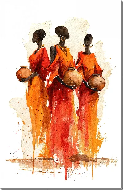 Картина маслом Три женщины в красно-оранжевых платьях держат глиняные кувшины