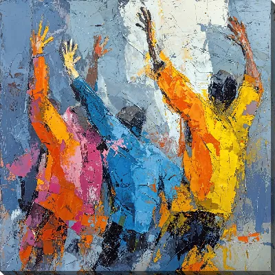 Картина маслом Абстрактные фигуры с поднятыми руками в ярких красках