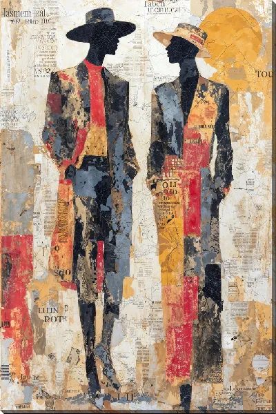 Картина маслом Два силуэта в шляпах из газетного коллажа в красно-жёлто-синих тонах