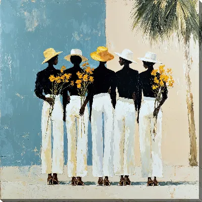 Картина маслом Пять силуэтов в соломенных шляпах с жёлтыми цветами на сине-бежевом фоне