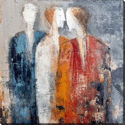 Картина маслом Три абстрактные фигуры в сине-бело-красной палитре с текстурой