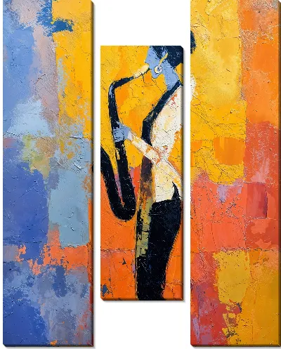 Модульная картина Силуэт саксофониста на ярко-жёлто-оранжевом фоне