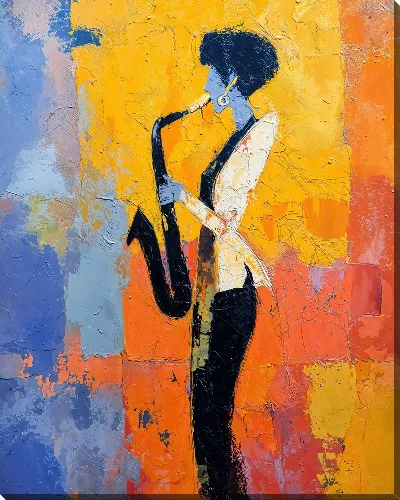Картина маслом Силуэт саксофониста на ярко-жёлто-оранжевом фоне