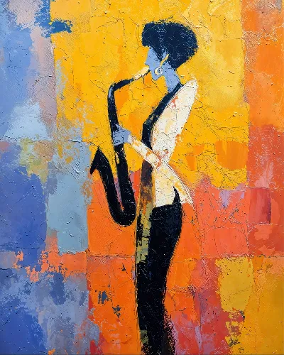 Плакат Силуэт саксофониста на ярко-жёлто-оранжевом фоне