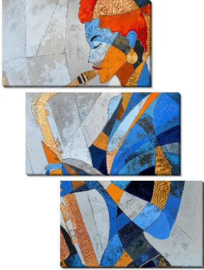 Модульная картина Саксофонистка в кубическом стиле синем оранжевом и золотом