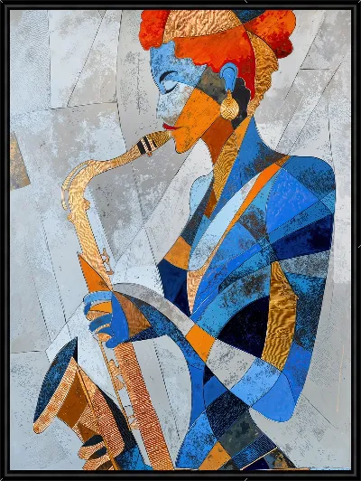 Картина Саксофонистка в кубическом стиле синем оранжевом и золотом
