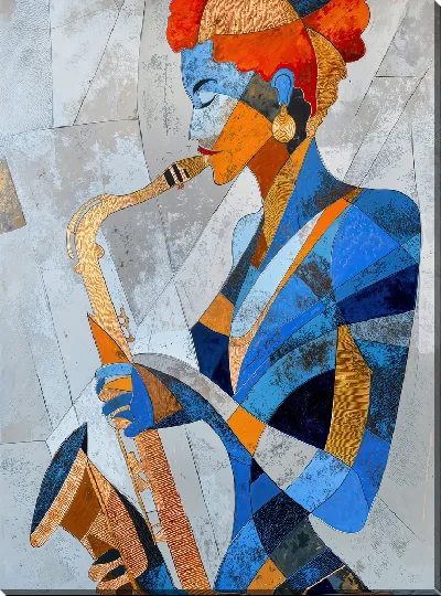 Картина маслом Саксофонистка в кубическом стиле синем оранжевом и золотом