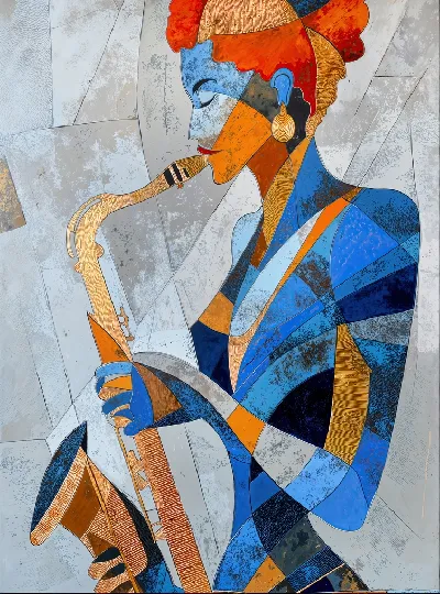 Плакат Саксофонистка в кубическом стиле синем оранжевом и золотом