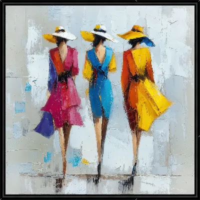 Картина Три дамы в розовом синем и желтом платьях