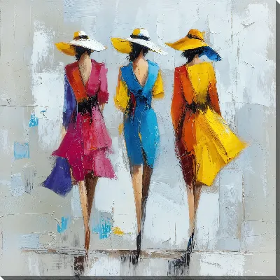 Картина маслом Три дамы в розовом синем и желтом платьях