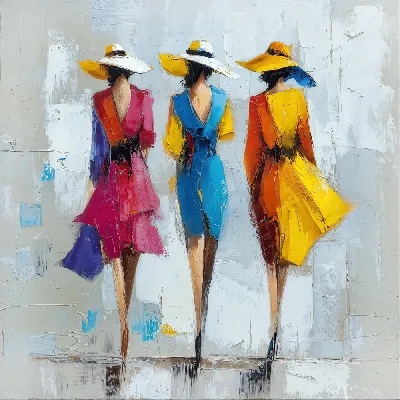 Плакат Три дамы в розовом синем и желтом платьях