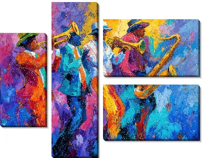 Модульная картина Четыре музыканта в оранжевом синем и фиолетовом цветах