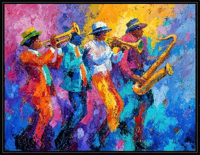 Четыре музыканта в оранжевом синем и фиолетовом цветах