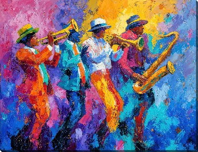 Четыре музыканта в оранжевом синем и фиолетовом цветах
