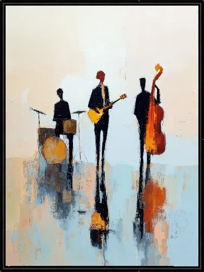Картина Силуэты джазового трио с оранжевыми инструментами на синем