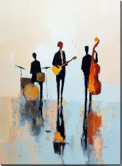 Картина маслом Силуэты джазового трио с оранжевыми инструментами на синем
