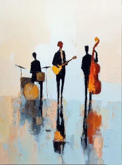 Плакат Силуэты джазового трио с оранжевыми инструментами на синем