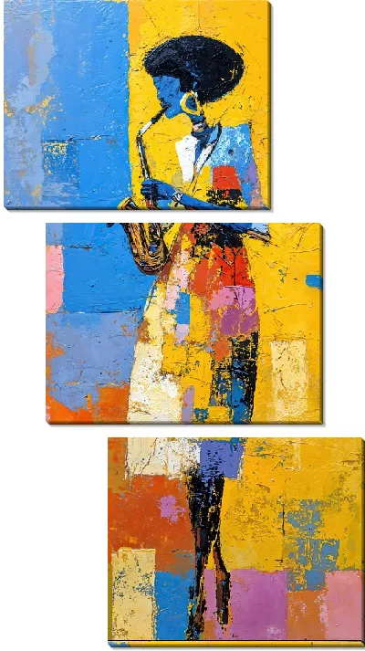 Модульная картина Саксофонист в ярких геометрических узорах синего, жёлтого и оранжевого цветов