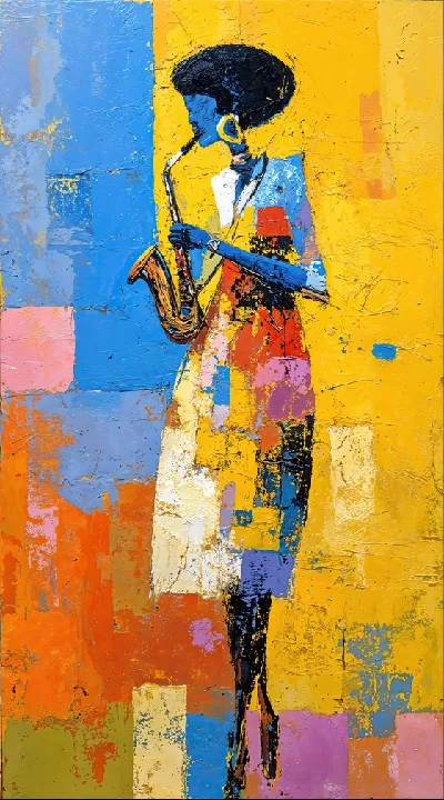 Плакат Саксофонист в ярких геометрических узорах синего, жёлтого и оранжевого цветов