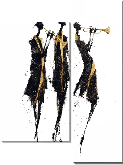 Модульная картина Три джазовых музыканта чёрные силуэты с золотыми трубами