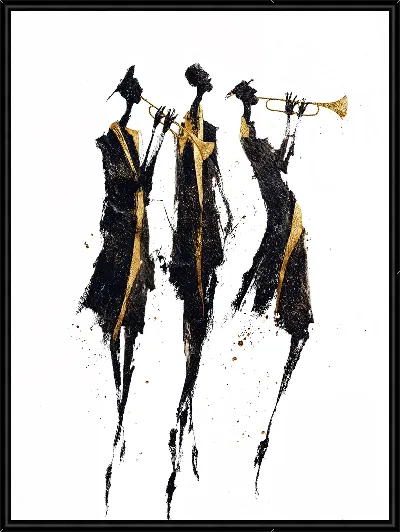 Картина Три джазовых музыканта чёрные силуэты с золотыми трубами