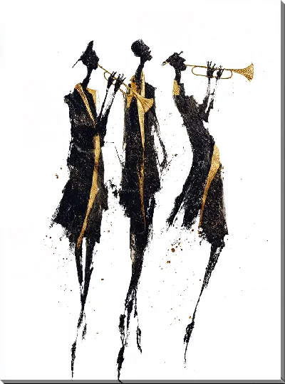 Картина маслом Три джазовых музыканта чёрные силуэты с золотыми трубами