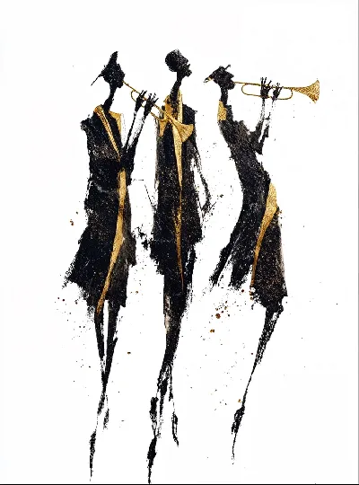 Плакат Три джазовых музыканта чёрные силуэты с золотыми трубами