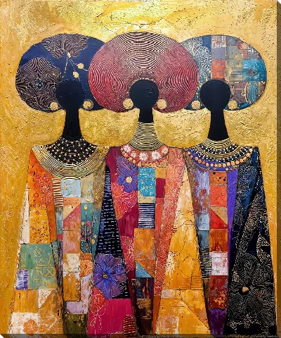 Картина маслом Три африканские женщины с пышными причёсками на золотом фоне