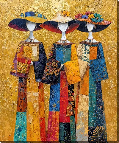 Картина маслом Три дамы в разноцветных платьях и широкополых шляпах
