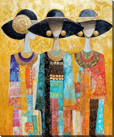 Картина маслом Три дамы в разноцветных платьях и широкополых шляпах №2