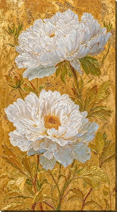 Картина маслом Цветы на золотом фоне с белыми пионами в вазе в летний день