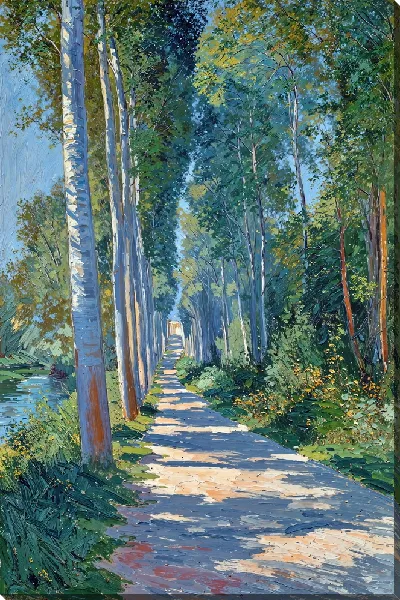 Картина маслом Улица среди деревьев вдоль реки в солнечное время дня