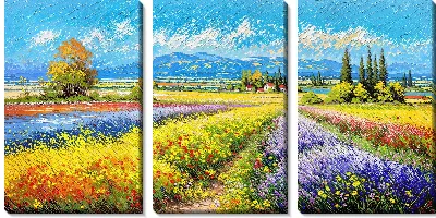 Модульная картина Пейзаж с полями цветов и домами на фоне гор